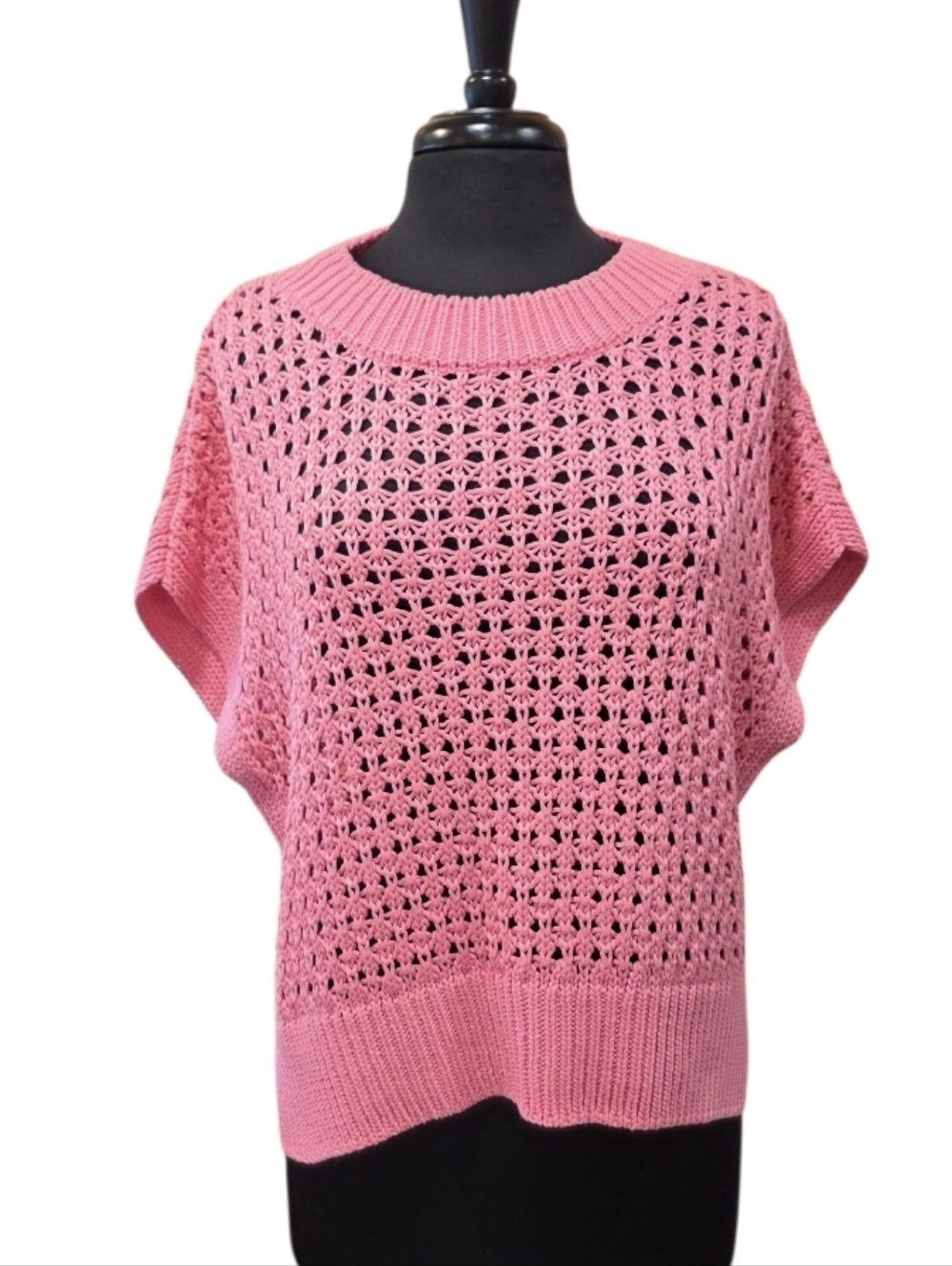 RIANI Luxury Crochet Boxy Pullover Pink Open-Knit Short Sleeve Sweater